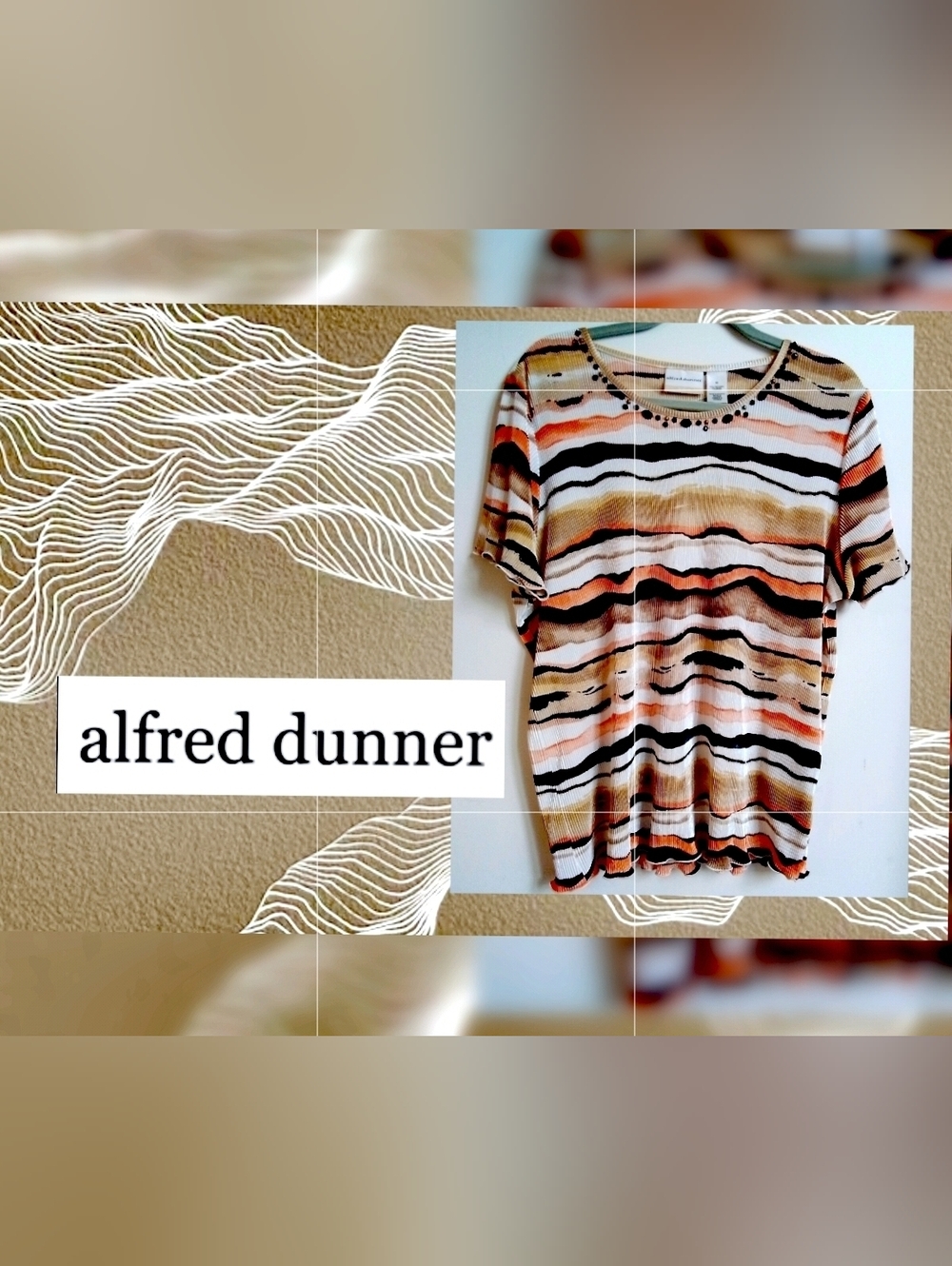 Alfred Dunner Multicolor Ribbed Short Sleeve Top with Embellished Neckline 1x